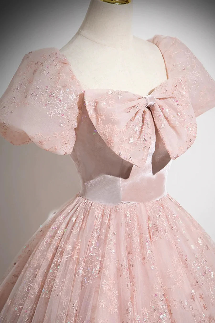 Pink Tulle Sequins With Bow Short Sleeve A-Line Long Prom Dress Party Dress