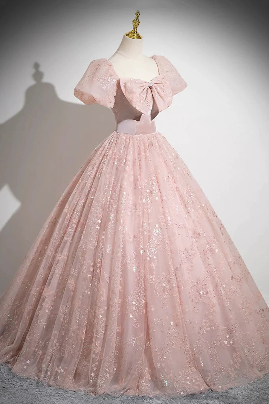 Pink Tulle Sequins With Bow Short Sleeve A-Line Long Prom Dress Party Dress