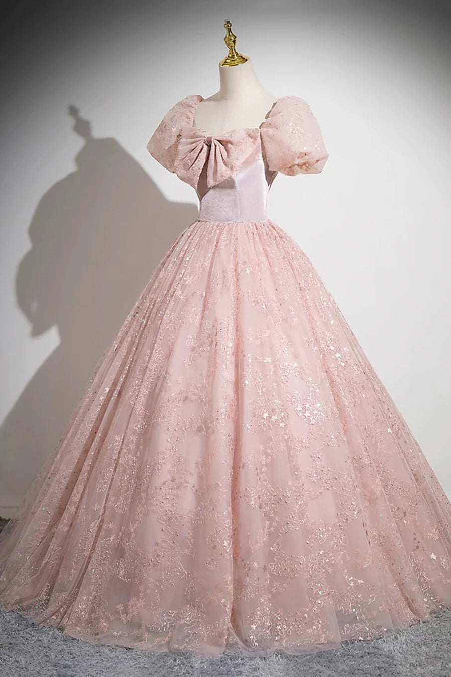 Pink Tulle Sequins With Bow Short Sleeve A-Line Long Prom Dress Party Dress