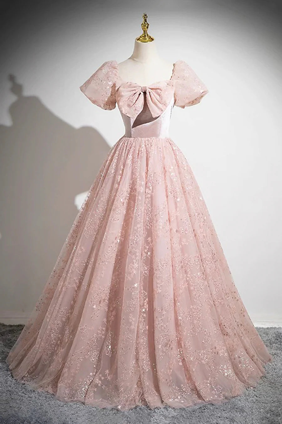 Pink Tulle Sequins With Bow Short Sleeve A-Line Long Prom Dress Party Dress