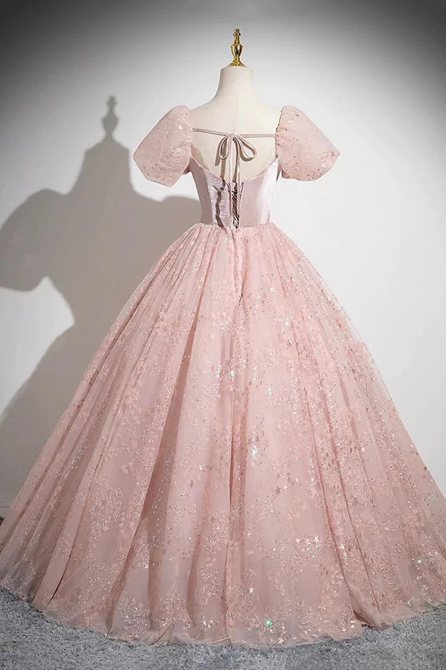 Pink Tulle Sequins With Bow Short Sleeve A-Line Long Prom Dress Party Dress