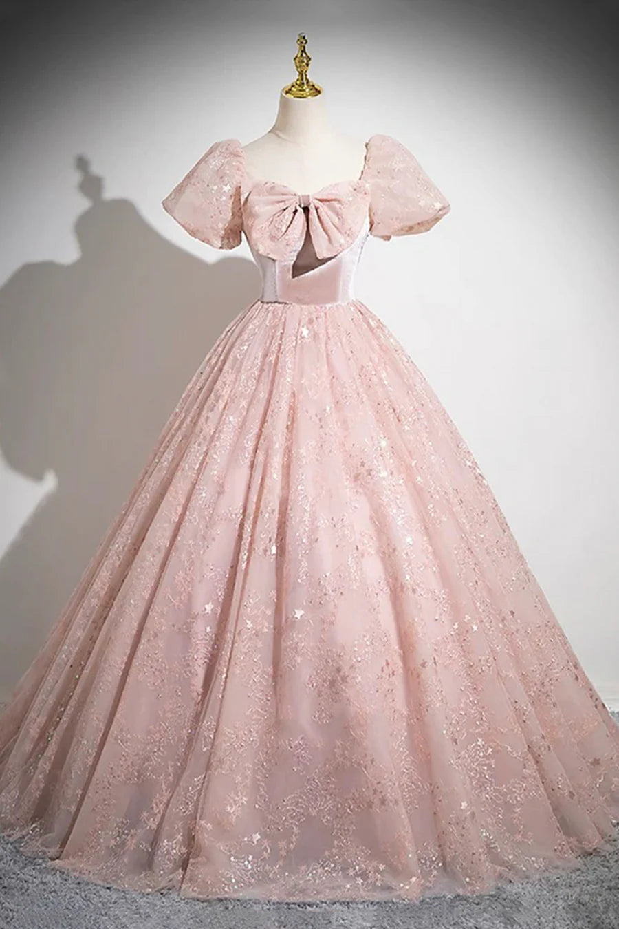 Pink Tulle Sequins With Bow Short Sleeve A-Line Long Prom Dress Party Dress