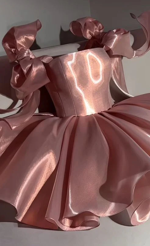 Pink Tulle Shoulder Tie With Bow Lace-Up Back Party Gown A-line Short Homecoming Dress