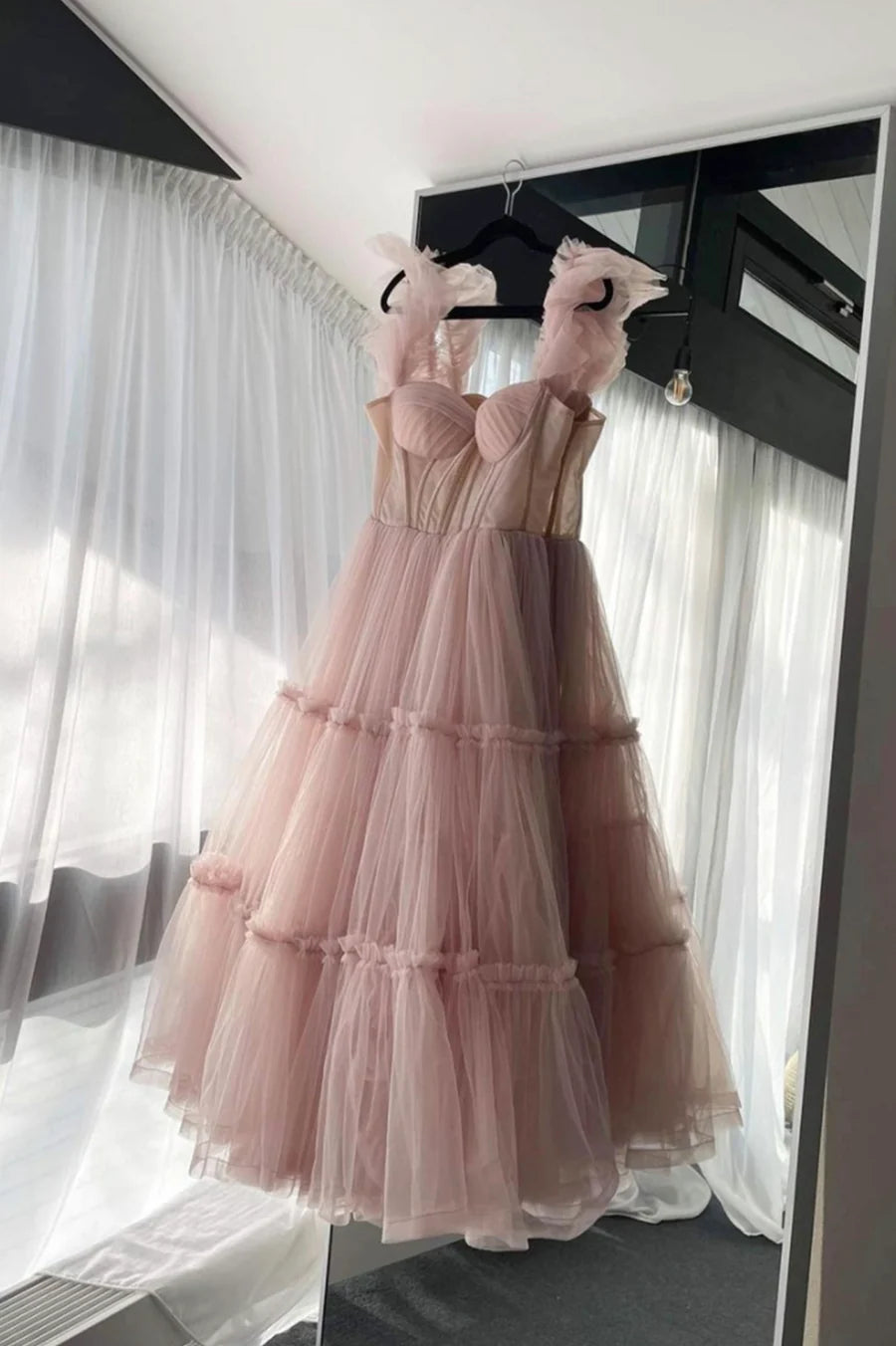 Pink Tulle Spaghetti Straps A-Line Tea-Length Prom Dress Evening Party Dress