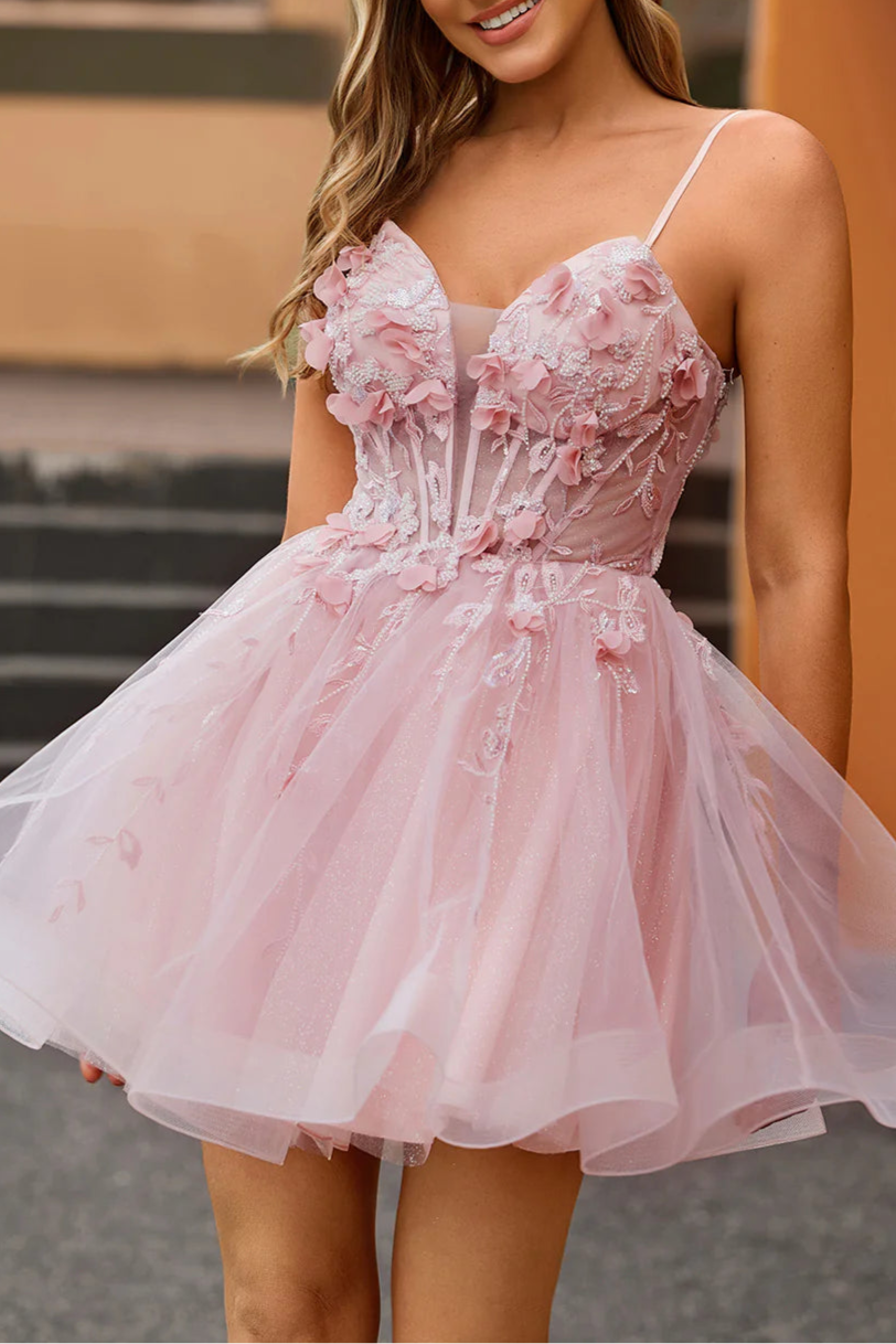 Pink Tulle Spaghetti Straps A Line Beaded Corset Short Homecoming Dress With Appliques