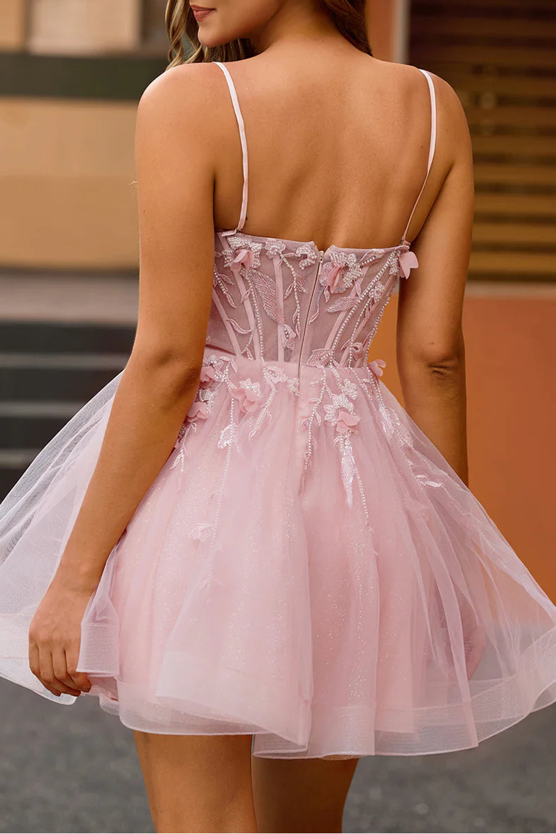 Pink Tulle Spaghetti Straps A Line Beaded Corset Short Homecoming Dress With Appliques