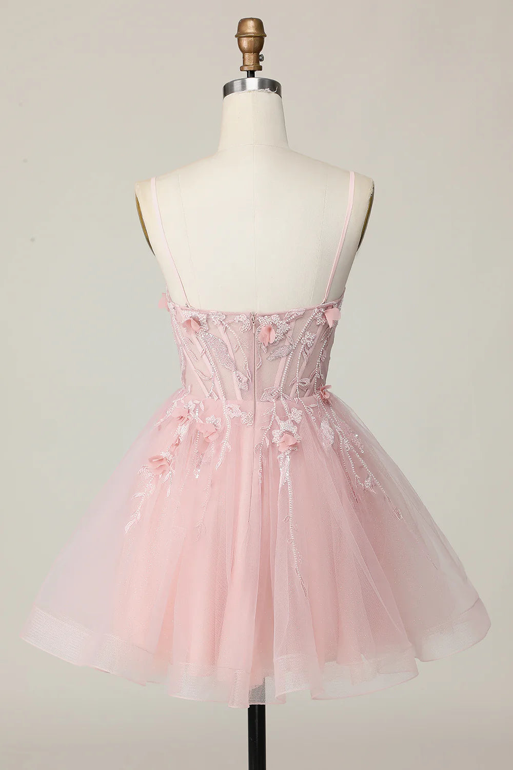 Pink Tulle Spaghetti Straps A Line Beaded Corset Short Homecoming Dress With Appliques