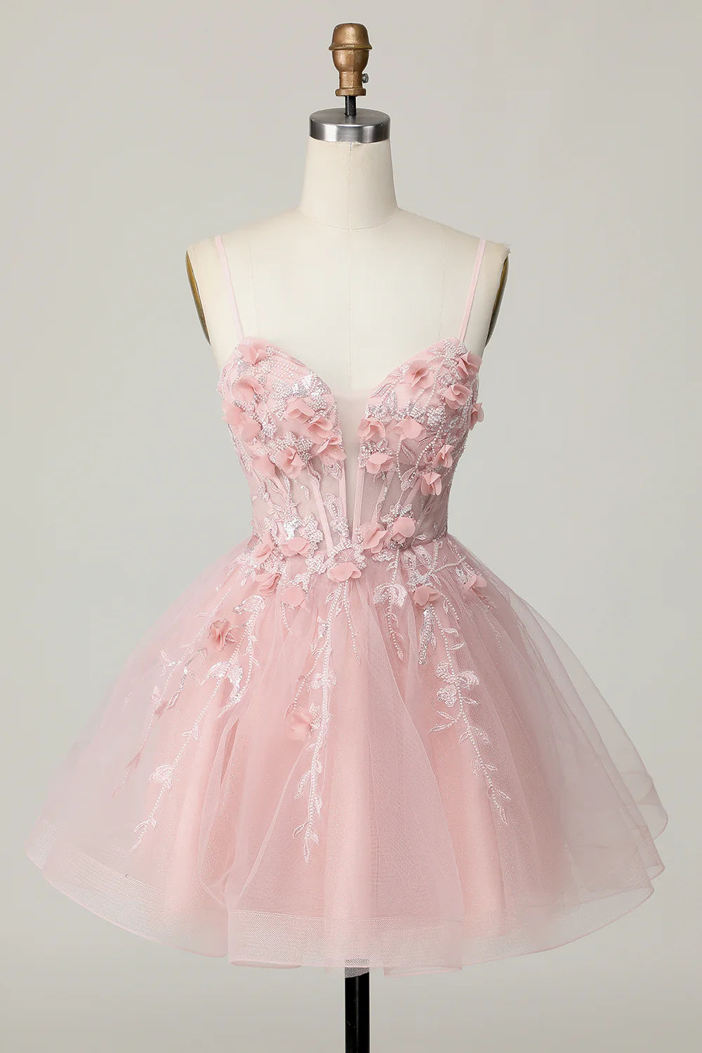Pink Tulle Spaghetti Straps A Line Beaded Corset Short Homecoming Dress With Appliques