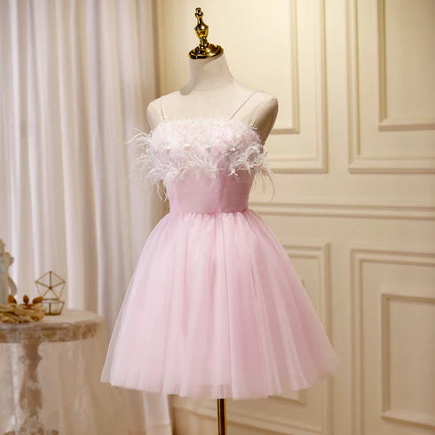 Pink Tulle Spaghetti Straps Short Party Dresses Homecoming Dresses