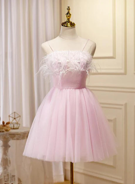 Pink Tulle Spaghetti Straps Short Party Dresses Homecoming Dresses