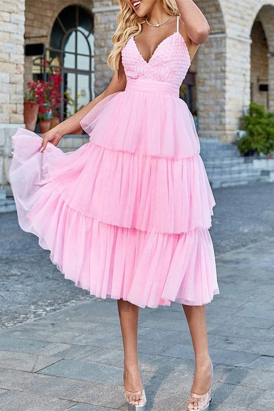 Pink Tulle Spaghetti Straps V-Neck Backless Mini Tutu Dress Tulle Tiered Short Party Dress