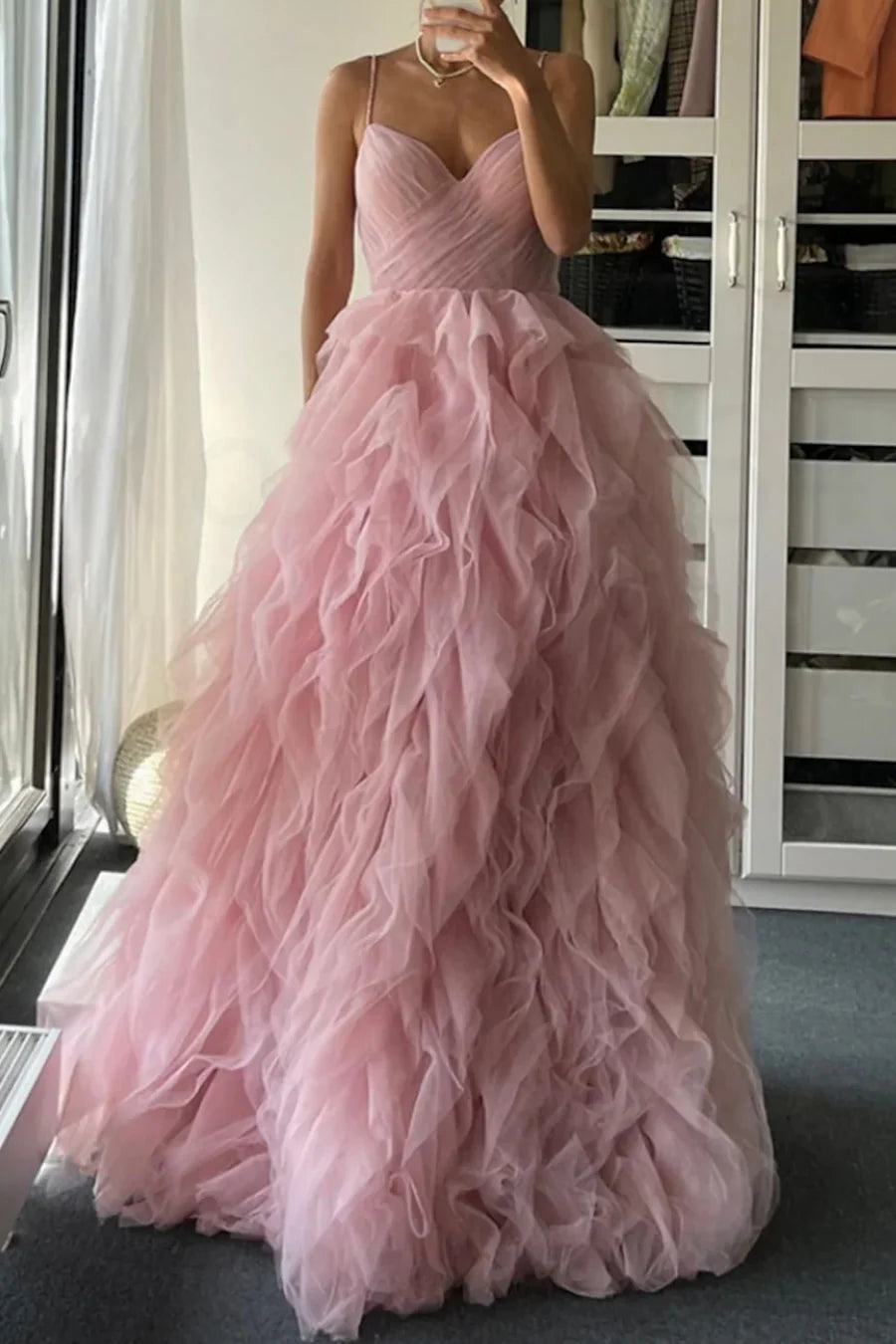 Pink Tulle Spaghetti Straps V-Neck Ruffles Tulle Empire-Waist Formal Prom Dress