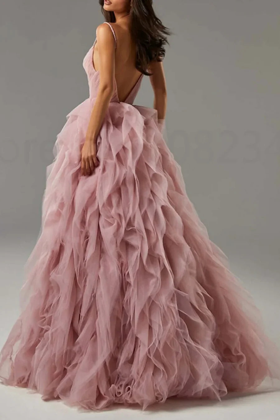 Pink Tulle Spaghetti Straps V-Neck Ruffles Tulle Empire-Waist Formal Prom Dress