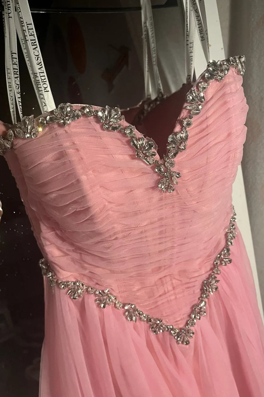 Pink Tulle Strapless Beads Sweetheart A-Line Empire-Waist Prom Dress