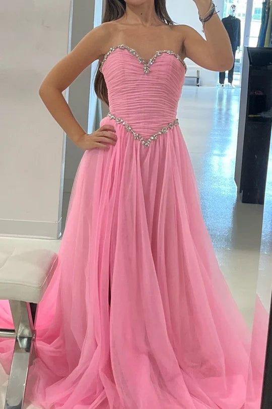 Pink Tulle Strapless Beads Sweetheart A-Line Empire-Waist Prom Dress