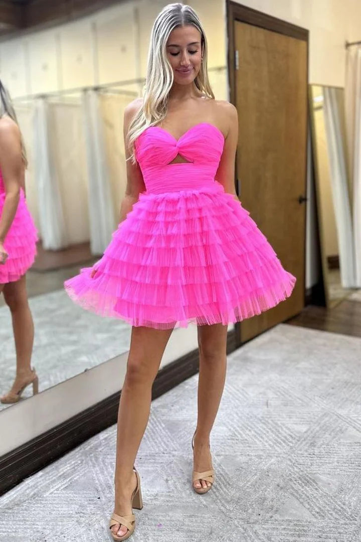 Pink Tulle Sweetheart Collar A-Line Strapless Keyhole Tiered Ruffles Short Homecoming Dress
