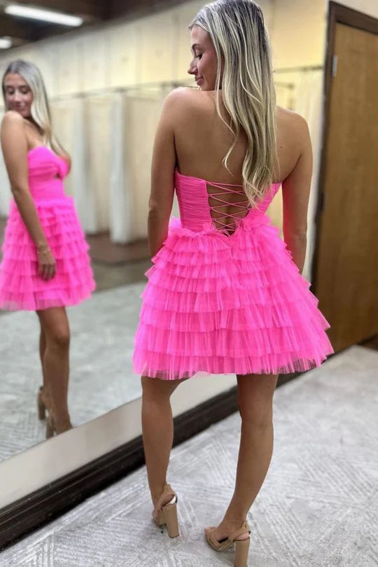 Pink Tulle Sweetheart Collar A-Line Strapless Keyhole Tiered Ruffles Short Homecoming Dress