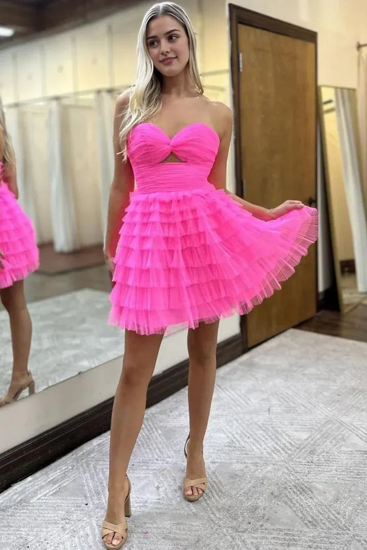 Pink Tulle Sweetheart Collar A-Line Strapless Keyhole Tiered Ruffles Short Homecoming Dress