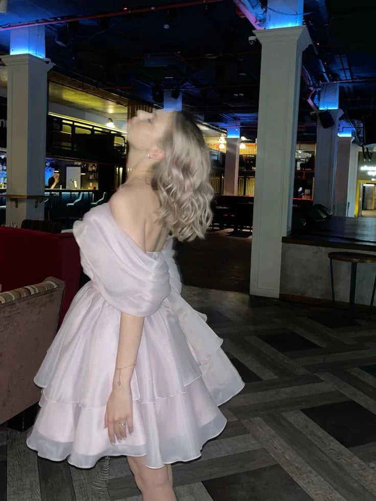 Pink Tulle Tiered Off Shoulder Short Prom Dress Cocktail Dresses Budget Pink Short Party Dress