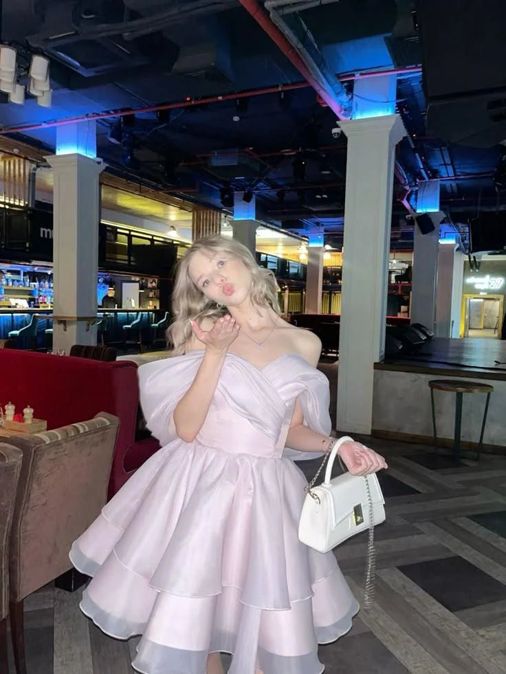 Pink Tulle Tiered Off Shoulder Short Prom Dress Cocktail Dresses Budget Pink Short Party Dress