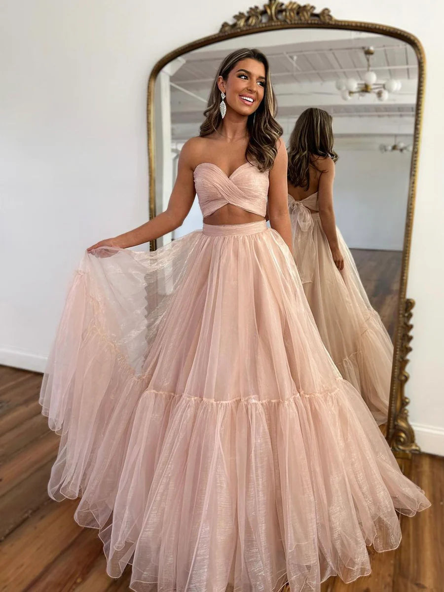Pink Tulle Two Piece Long Hollow Formal Dress Evening Dress Party Dress