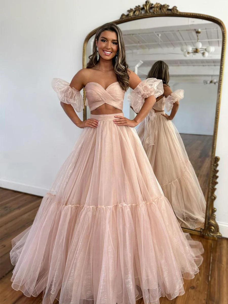Pink Tulle Two Piece Long Hollow Formal Dress Evening Dress Party Dress