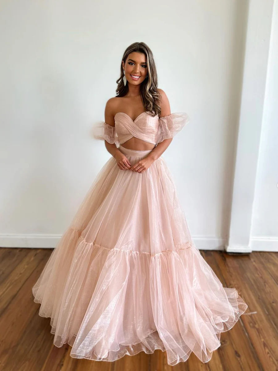 Pink Tulle Two Piece Long Hollow Formal Dress Evening Dress Party Dress