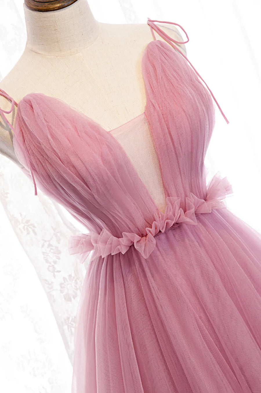 Pink Tulle V Neck Spaghetti Straps A-Line Long Prom Dresses Evening Party Dresses