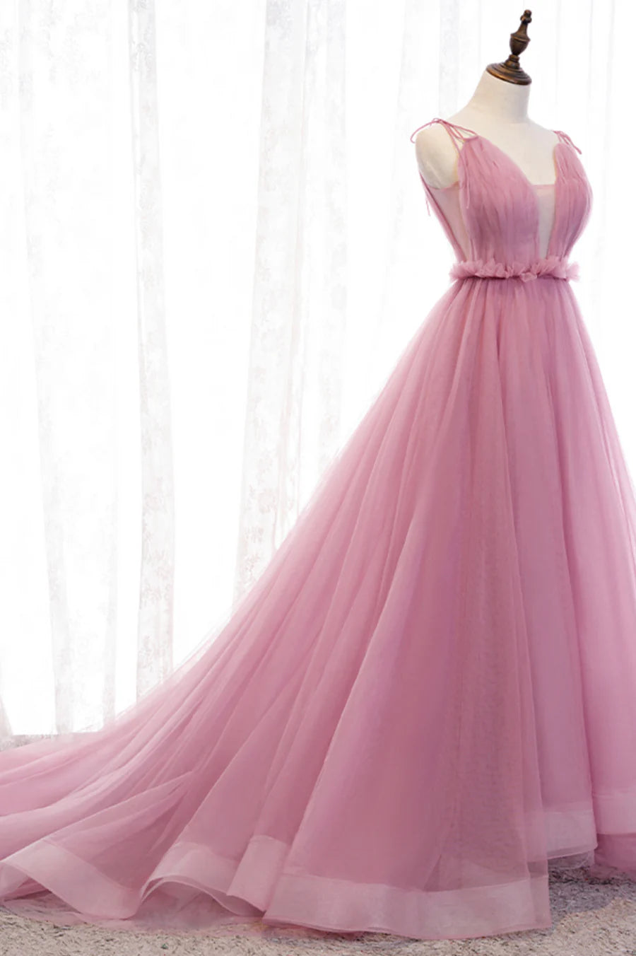Pink Tulle V Neck Spaghetti Straps A-Line Long Prom Dresses Evening Party Dresses