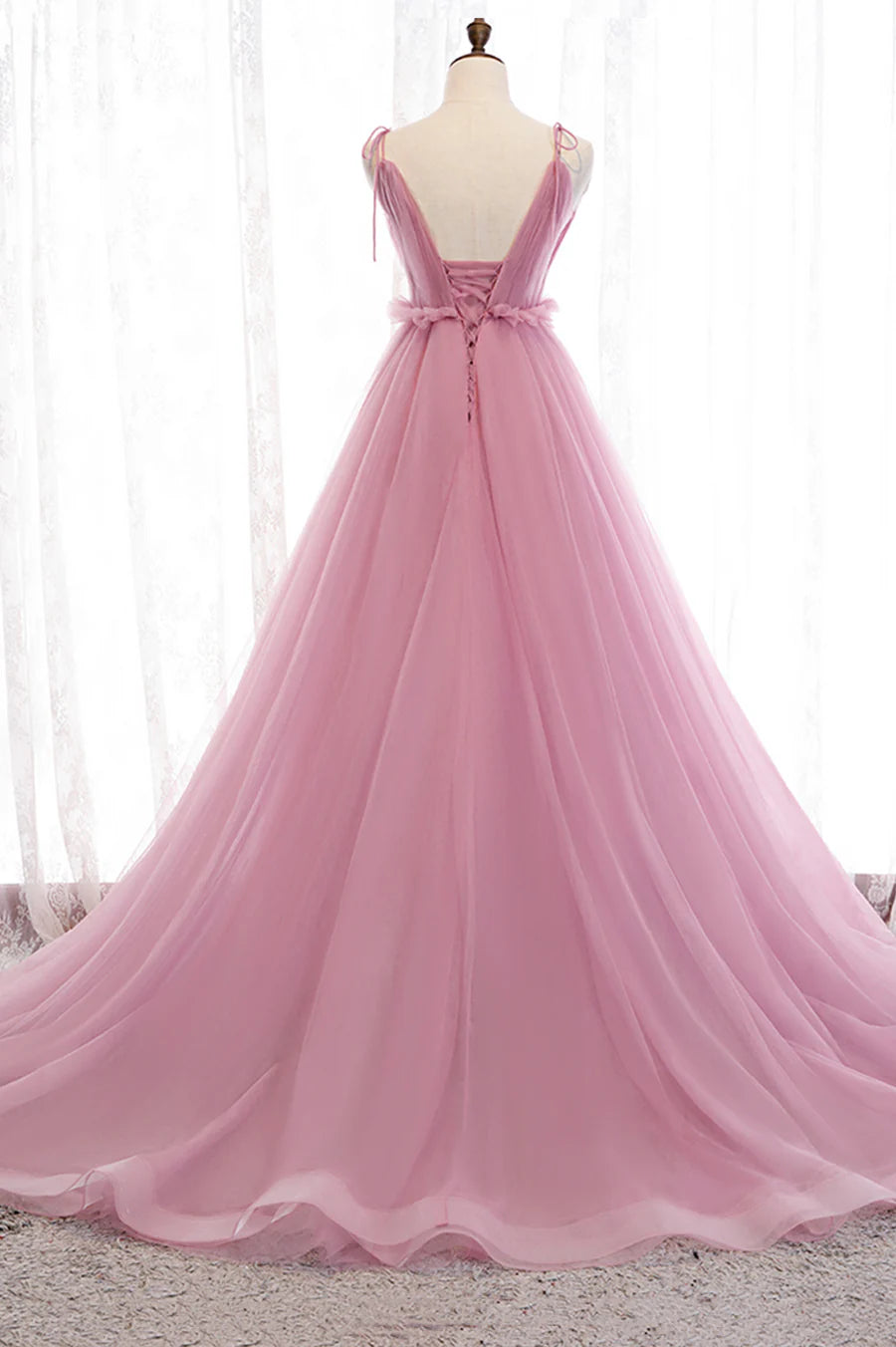 Pink Tulle V Neck Spaghetti Straps A-Line Long Prom Dresses Evening Party Dresses