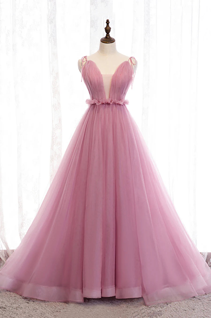 Pink Tulle V Neck Spaghetti Straps A-Line Long Prom Dresses Evening Party Dresses