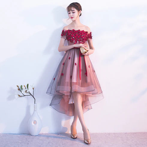 Pink Tulle With Applique High Low Off Shoulder Party Dress Homecoming Dresses