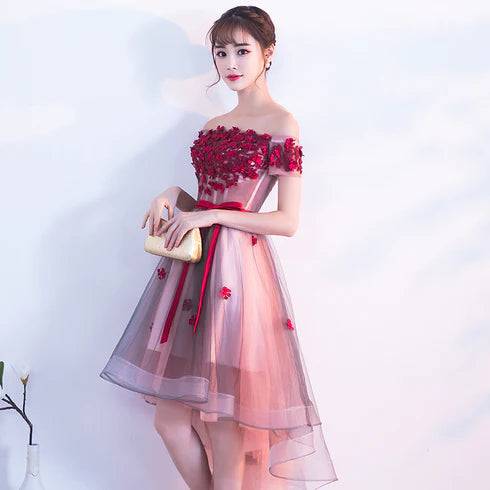 Pink Tulle With Applique High Low Off Shoulder Party Dress Homecoming Dresses