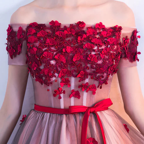 Pink Tulle With Applique High Low Off Shoulder Party Dress Homecoming Dresses