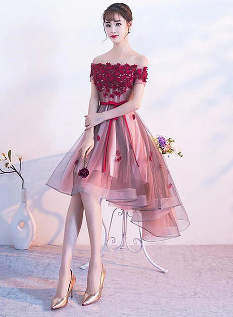 Pink Tulle With Applique High Low Off Shoulder Party Dress Homecoming Dresses