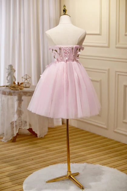 Pink Tulle With Applique Off Shoulder Short Party Dress Homecoming Dress