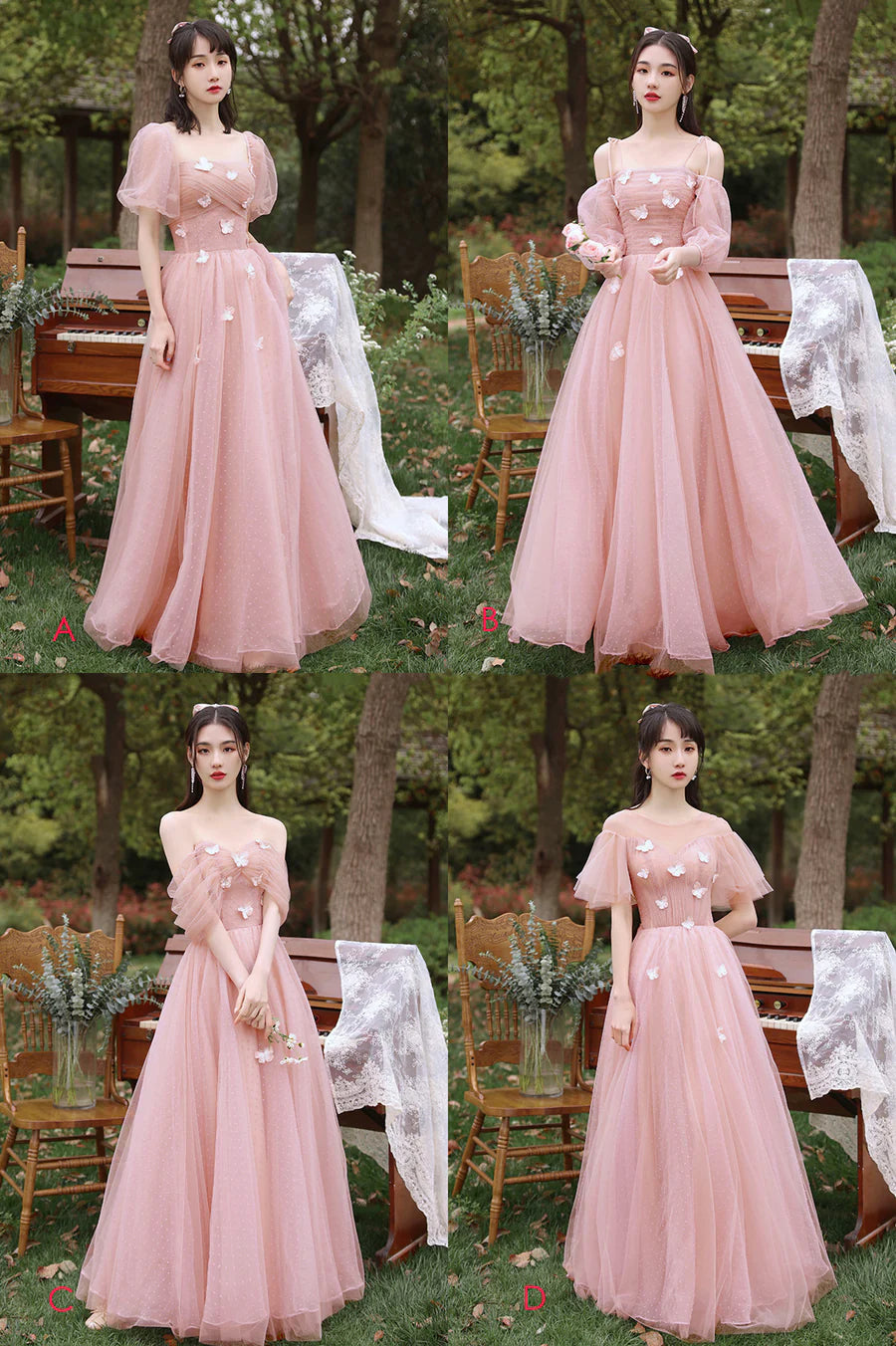 Pink Tulle With Butterfly Short Sleeve A-Line Long Prom Dresses Party Dresses