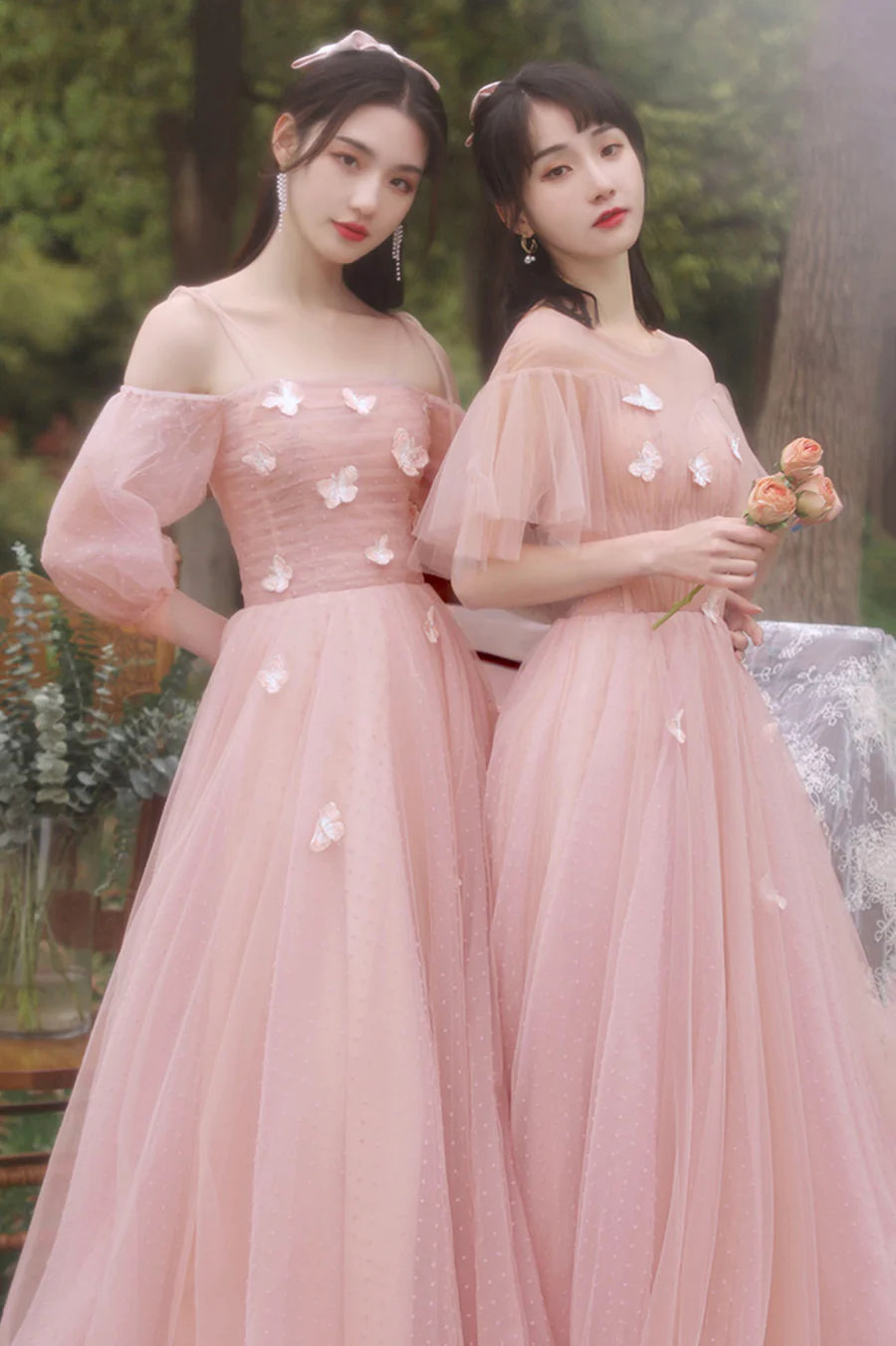 Pink Tulle With Butterfly Short Sleeve A-Line Long Prom Dresses Party Dresses