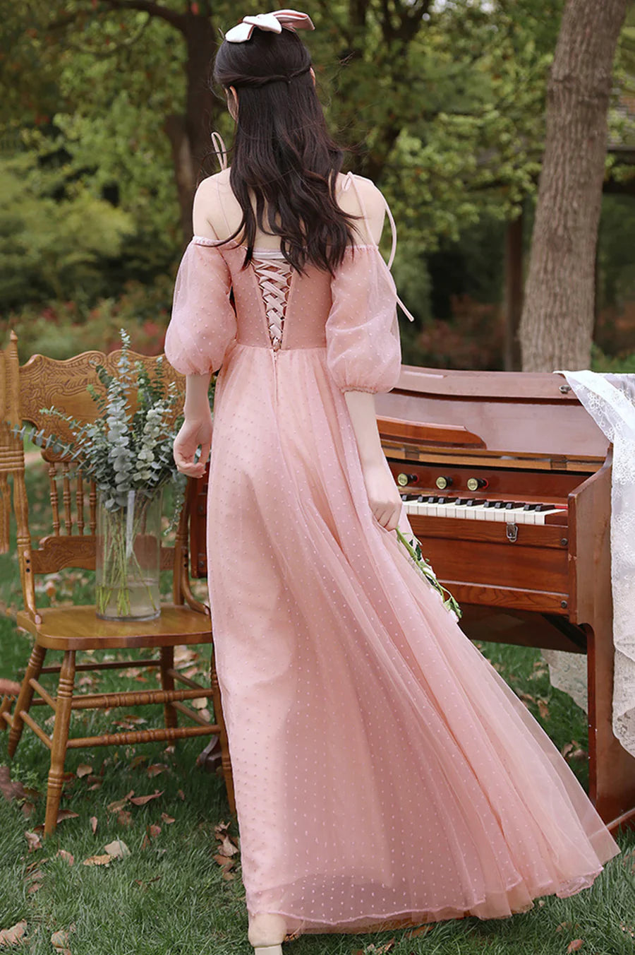 Pink Tulle With Butterfly Short Sleeve A-Line Long Prom Dresses Party Dresses