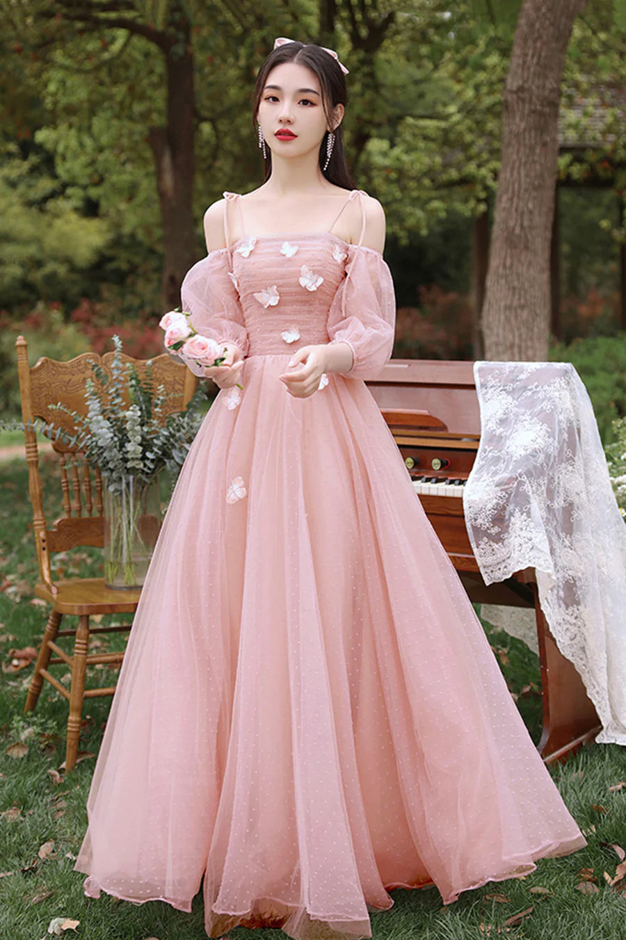 Pink Tulle With Butterfly Short Sleeve A-Line Long Prom Dresses Party Dresses