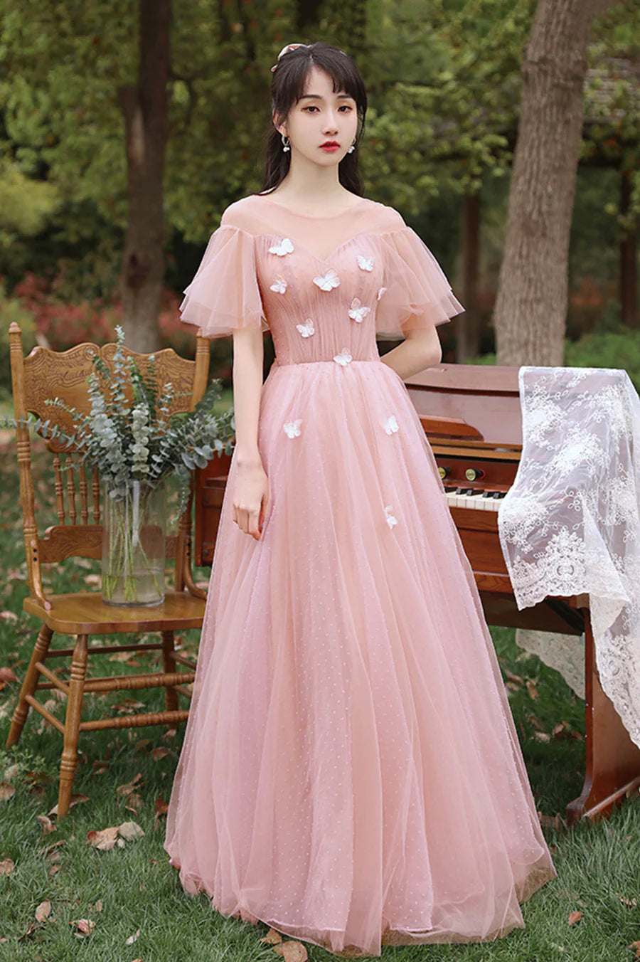 Pink Tulle With Butterfly Short Sleeve A-Line Long Prom Dresses Party Dresses