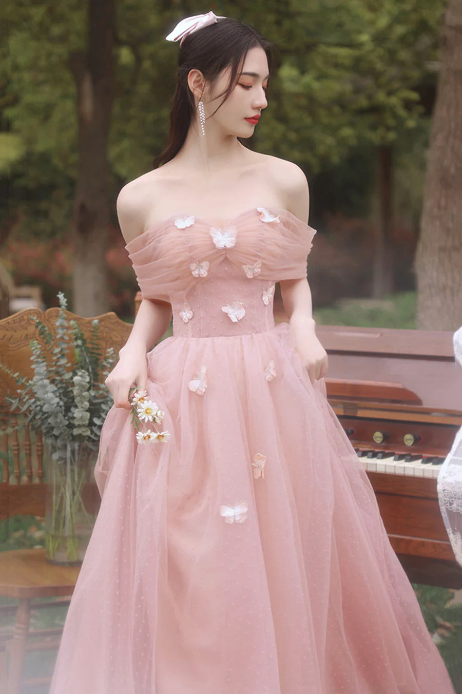 Pink Tulle With Butterfly Short Sleeve A-Line Long Prom Dresses Party Dresses