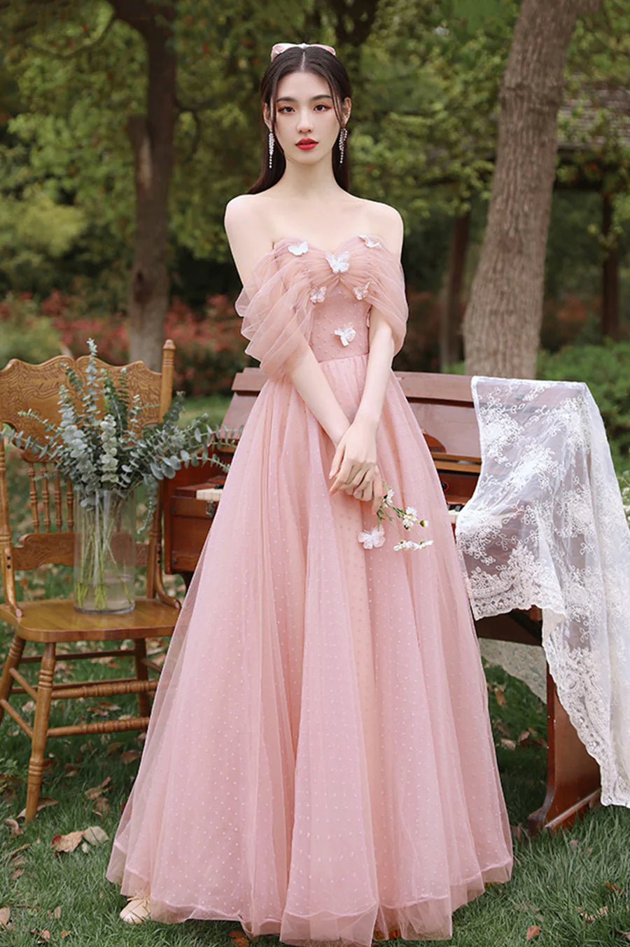 Pink Tulle With Butterfly Short Sleeve A-Line Long Prom Dresses Party Dresses
