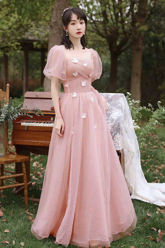 Pink Tulle With Butterfly Short Sleeve A-Line Long Prom Dresses Party Dresses