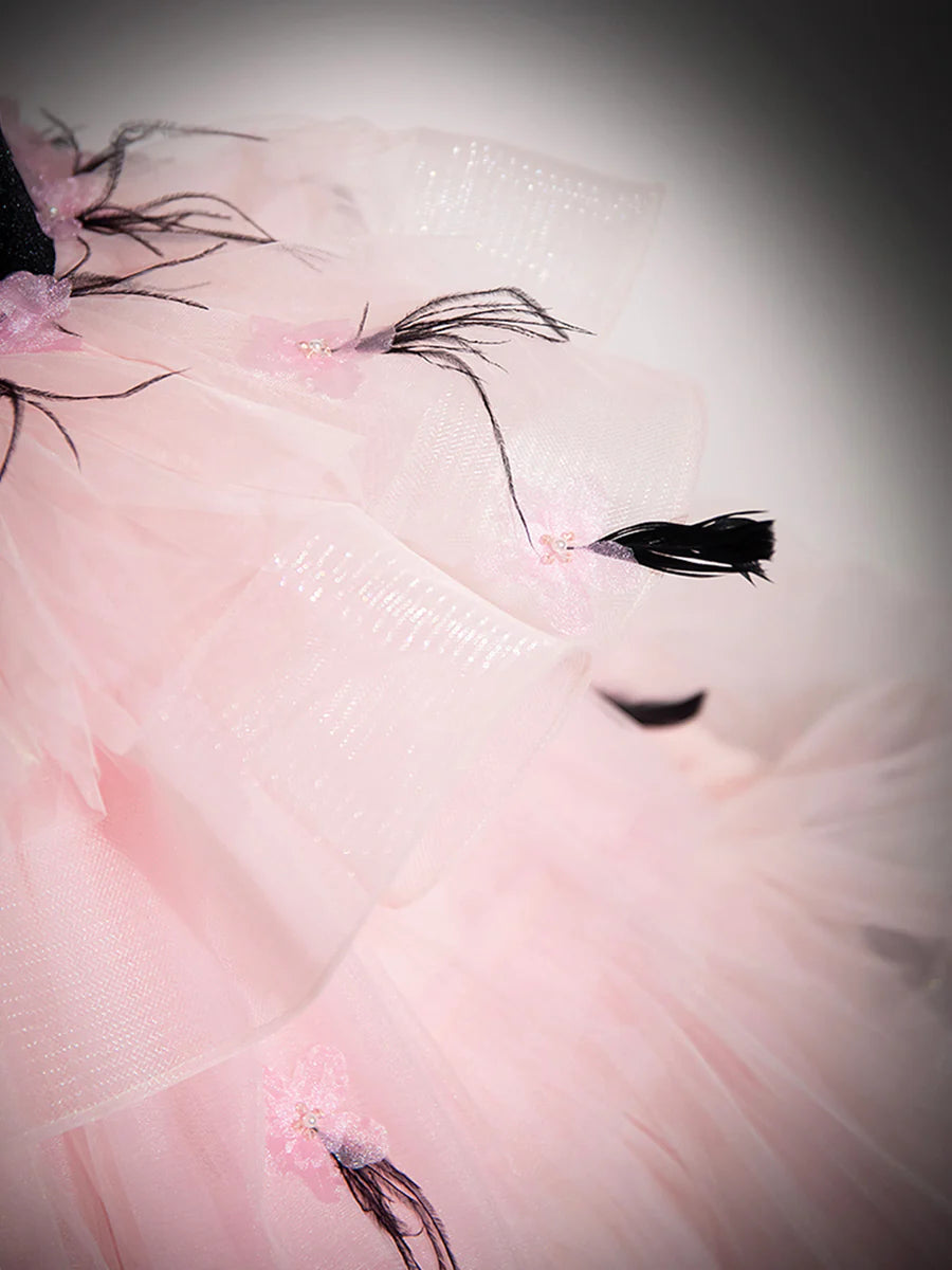 Pink Tulle and Black Velvet Strapless Tiered Ruffle Party Dress Formal Evening Dress