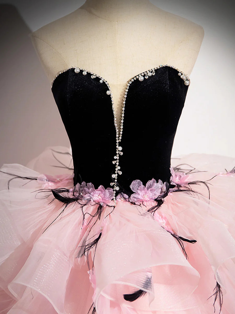 Pink Tulle and Black Velvet Strapless Tiered Ruffle Party Dress Formal Evening Dress
