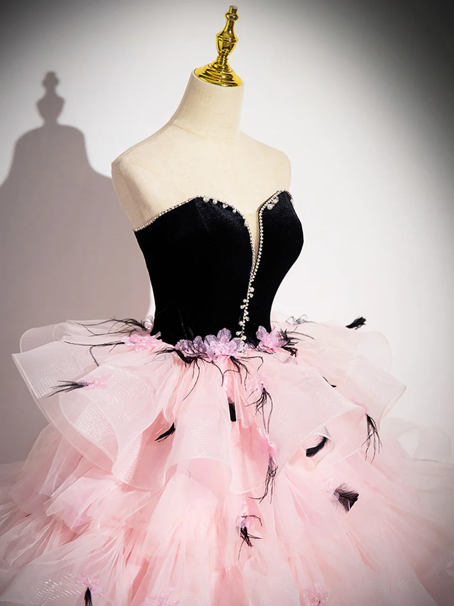 Pink Tulle and Black Velvet Strapless Tiered Ruffle Party Dress Formal Evening Dress