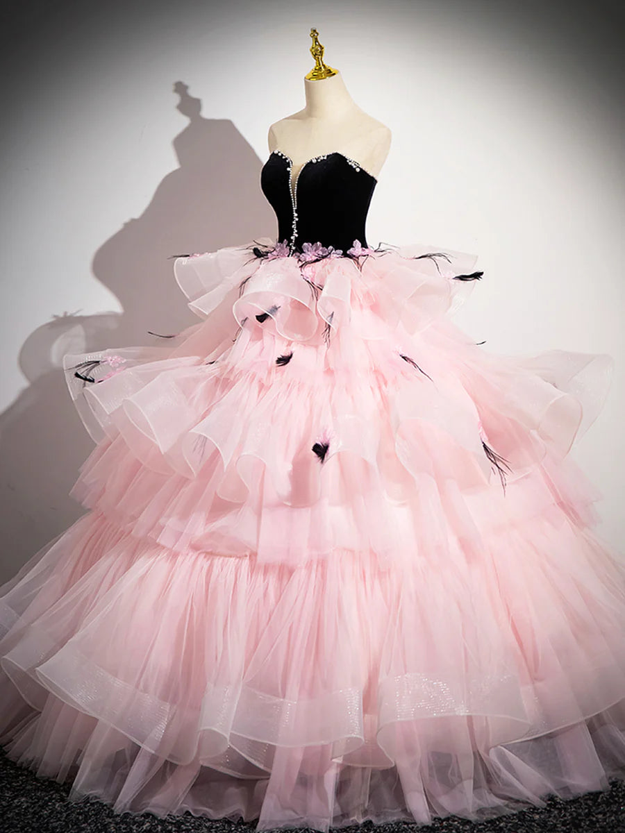 Pink Tulle and Black Velvet Strapless Tiered Ruffle Party Dress Formal Evening Dress