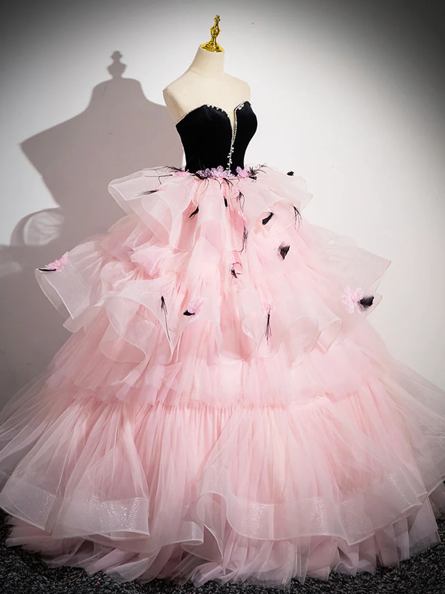 Pink Tulle and Black Velvet Strapless Tiered Ruffle Party Dress Formal Evening Dress