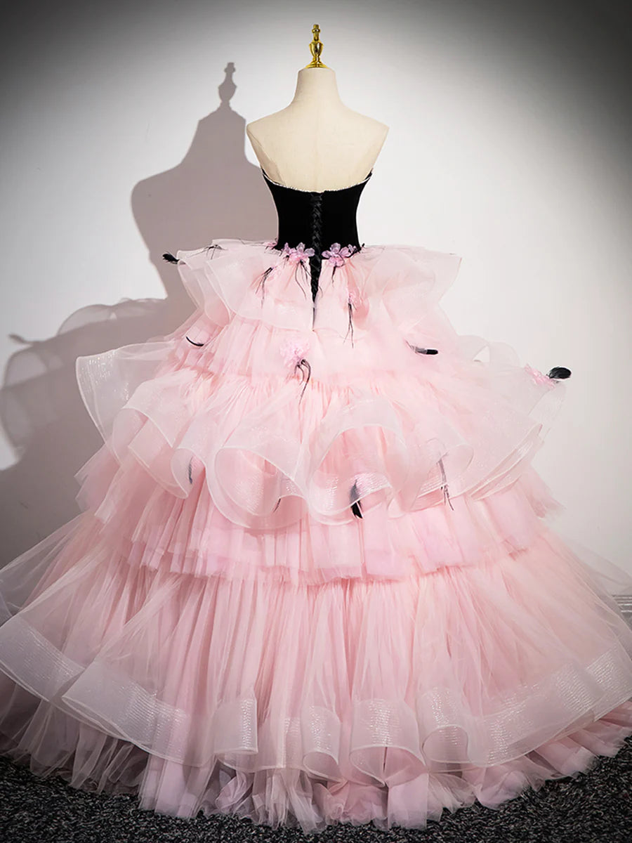 Pink Tulle and Black Velvet Strapless Tiered Ruffle Party Dress Formal Evening Dress